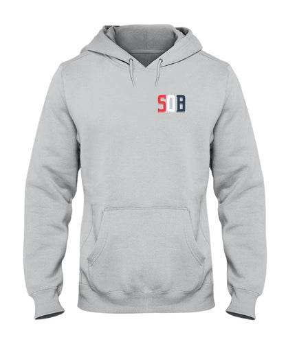 Light gray unisex midweight hoodie featuring a red, white, and blue SOB logo on the chest with a front pouch pocket.