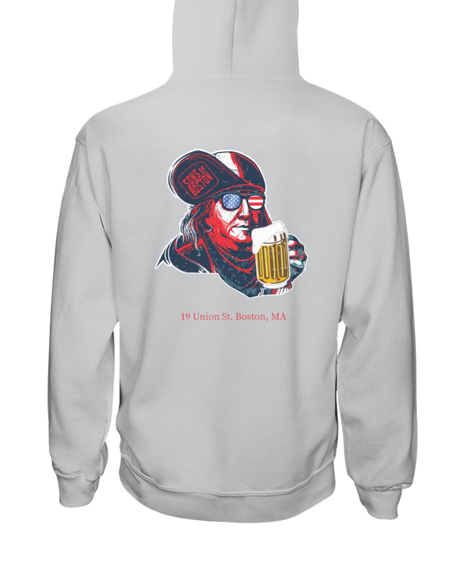 Light gray midweight hoodie featuring a back graphic of Benjamin Franklin wearing flag sunglasses and holding a beer.