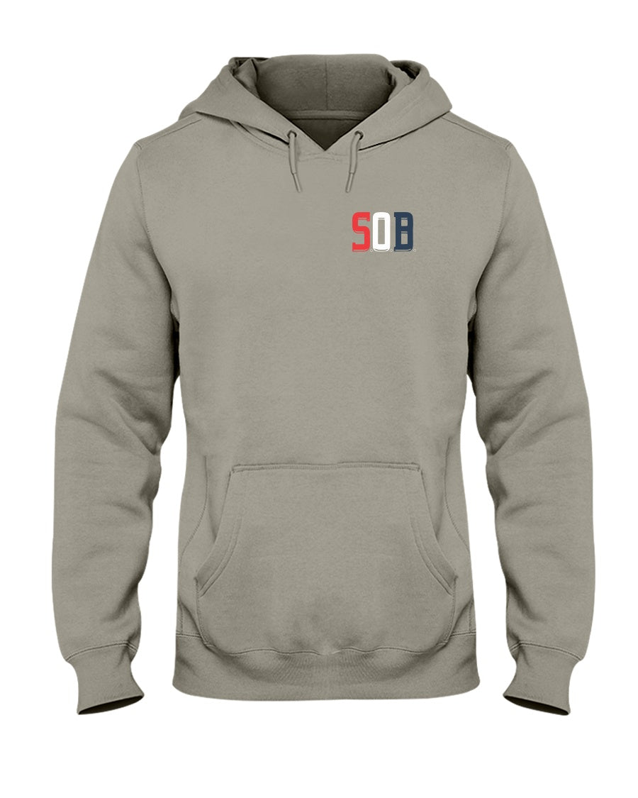 Sand-colored midweight unisex hoodie with a pouch pocket, drawstring hood, and a small SOB logo on the chest.