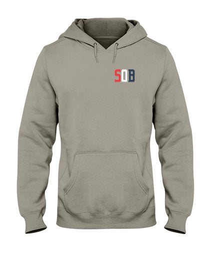 Sand-colored midweight unisex hoodie with a pouch pocket, drawstring hood, and a small SOB logo on the chest.