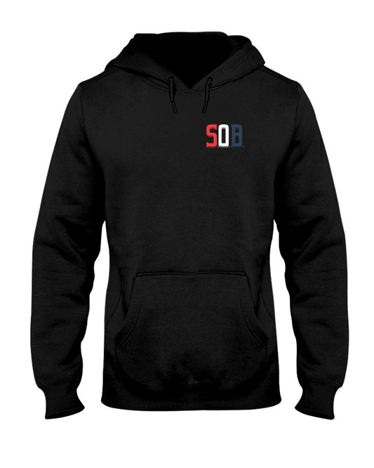 Black midweight unisex hoodie featuring a small red, white, and blue SOB logo on the chest and a front pouch pocket.