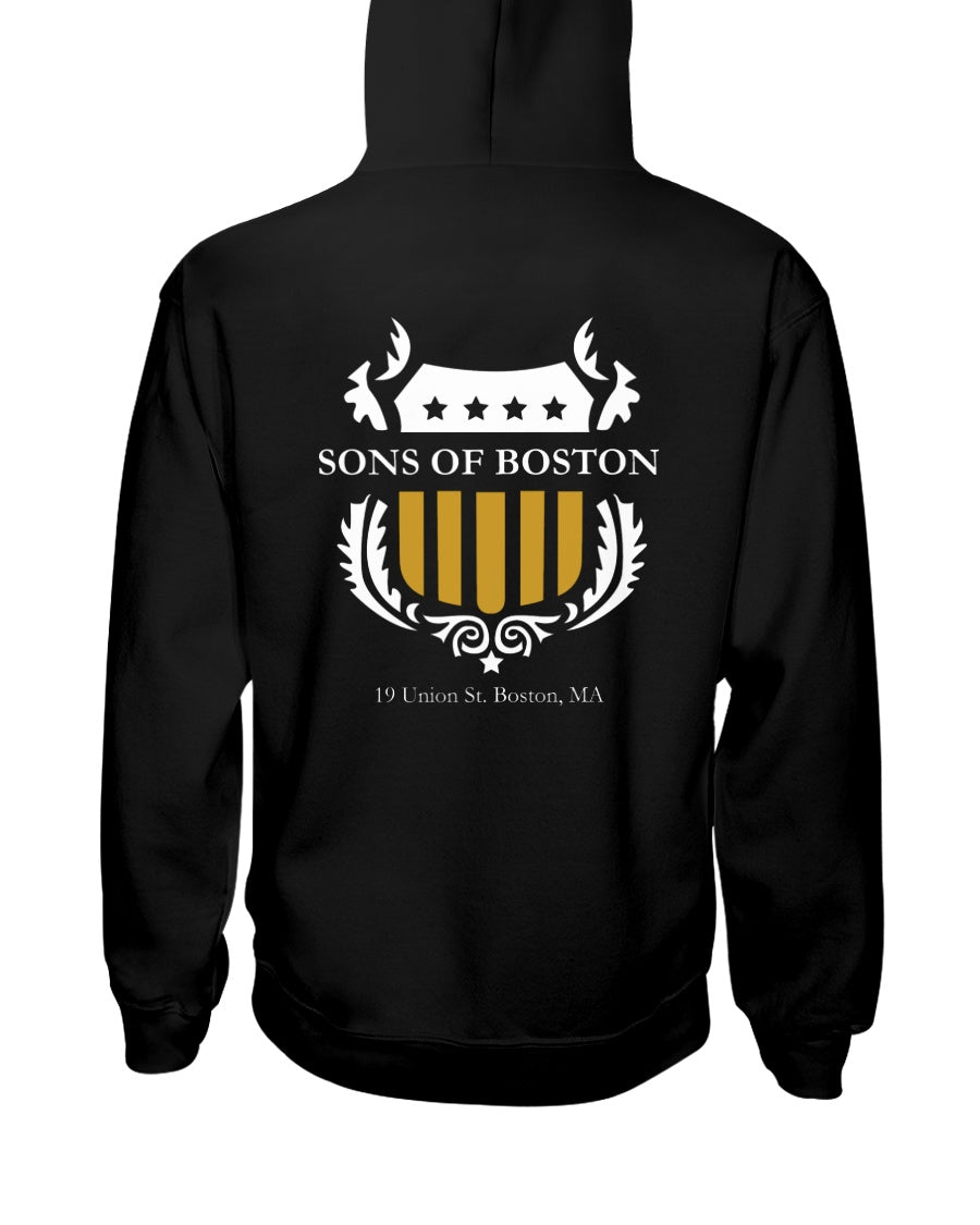 Black midweight hoodie featuring a white and gold Sons of Boston shield logo on the back.