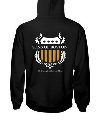 Black midweight hoodie featuring a white and gold Sons of Boston shield logo on the back.