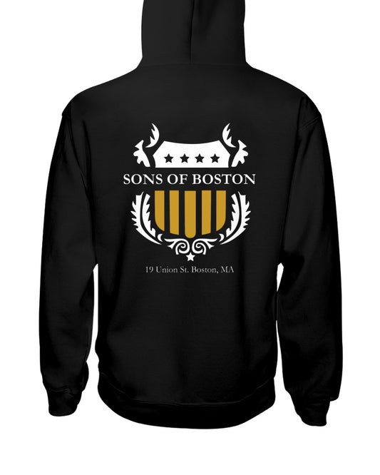 Black midweight hoodie featuring a white and gold Sons of Boston shield logo on the back.