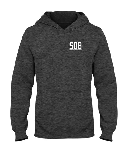 Charcoal heather midweight hoodie featuring a white SOB chest logo, pouch pocket, and matching drawcord hood.