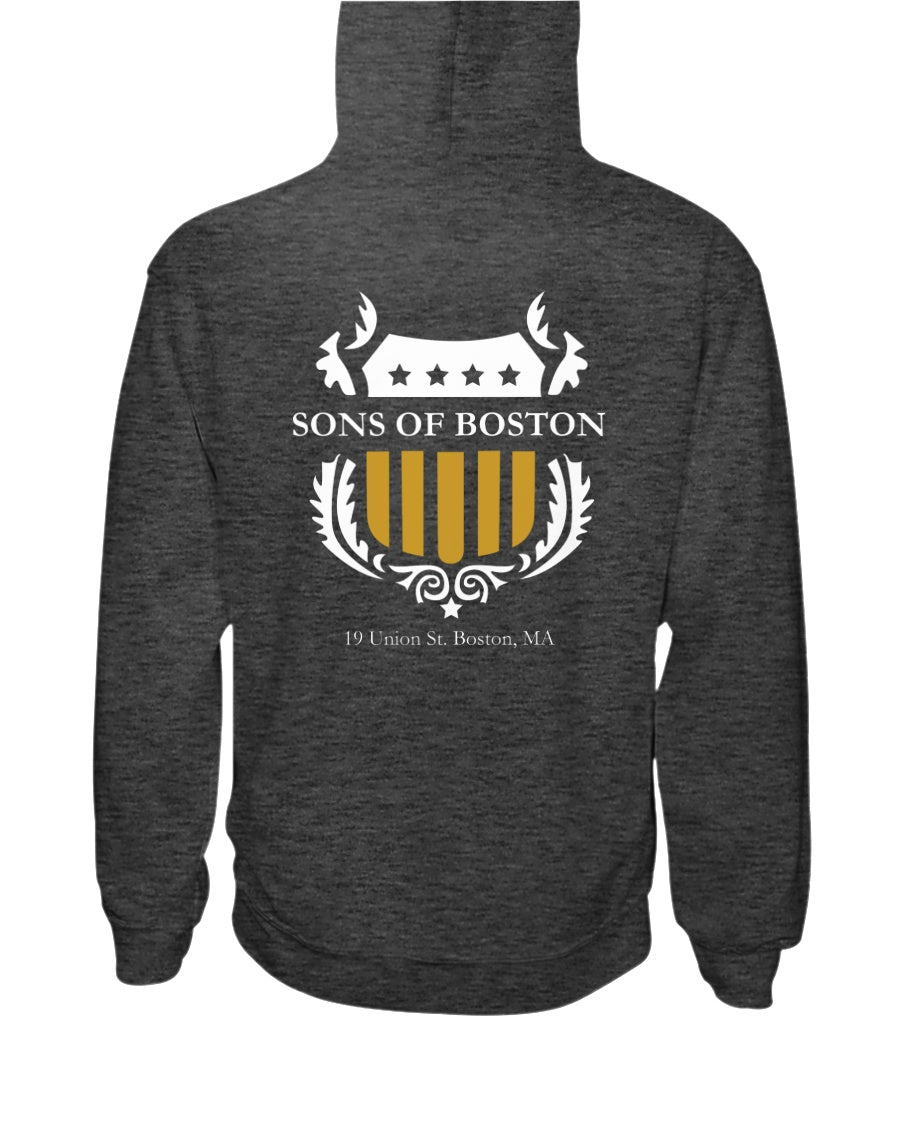 Dark gray midweight hoodie featuring a white and gold Sons of Boston shield logo on the back.