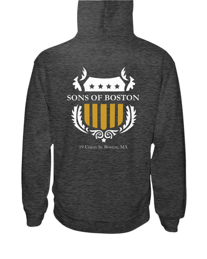 Dark gray midweight hoodie featuring a white and gold Sons of Boston shield logo on the back.