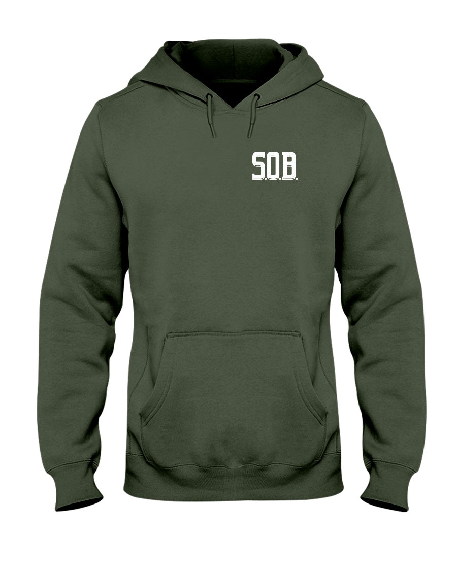 Olive green midweight unisex hoodie featuring a white S.O.B. logo, pouch pocket, and matching drawstring hood.