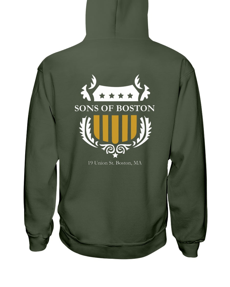 Olive green midweight hoodie featuring a white and gold Sons of Boston shield logo on the back.