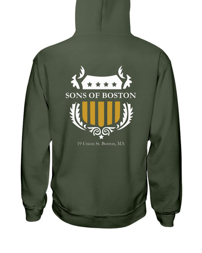 Olive green midweight hoodie featuring a white and gold Sons of Boston shield logo on the back.