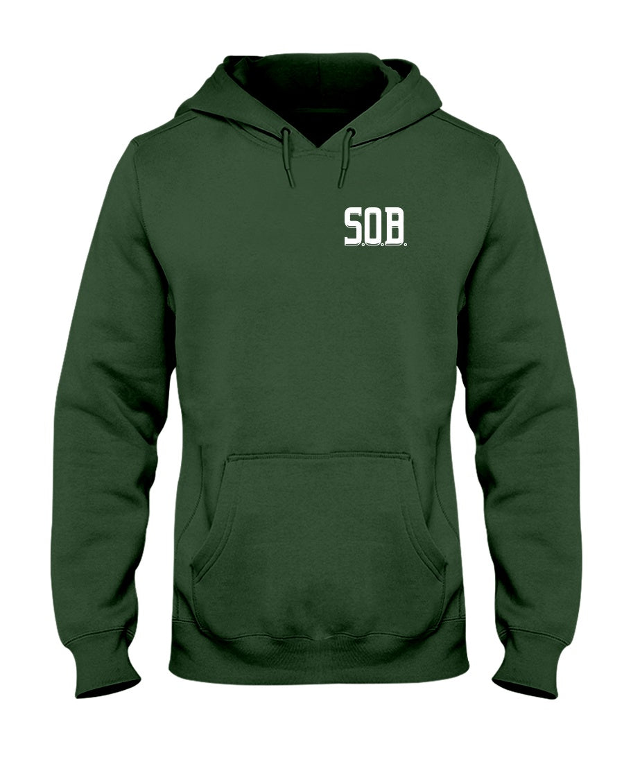 Forest green midweight pullover hoodie with white S.O.B. chest logo, pouch pocket, and matching drawstring hood.