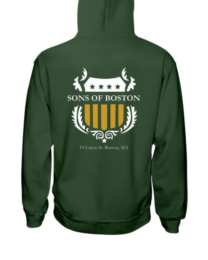Dark green midweight hoodie featuring a white and gold Sons of Boston shield logo on the back.