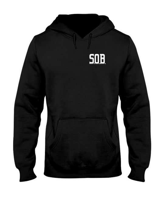 Black midweight unisex hoodie featuring a white SOB chest logo, pouch pocket, and drawstring hood.