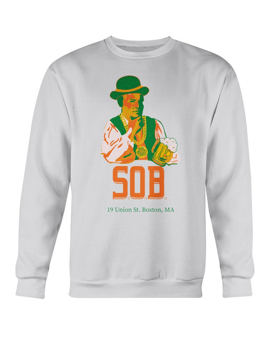 White crewneck sweatshirt featuring a Paul Revere graphic holding a beer with Sons of Boston text in green and orange.