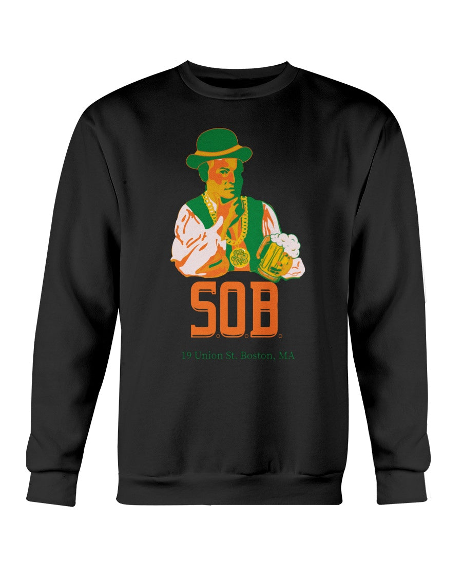 Black crewneck sweatshirt featuring a graphic of Paul Revere with a beer and the text Kiss Me I'm Irish.