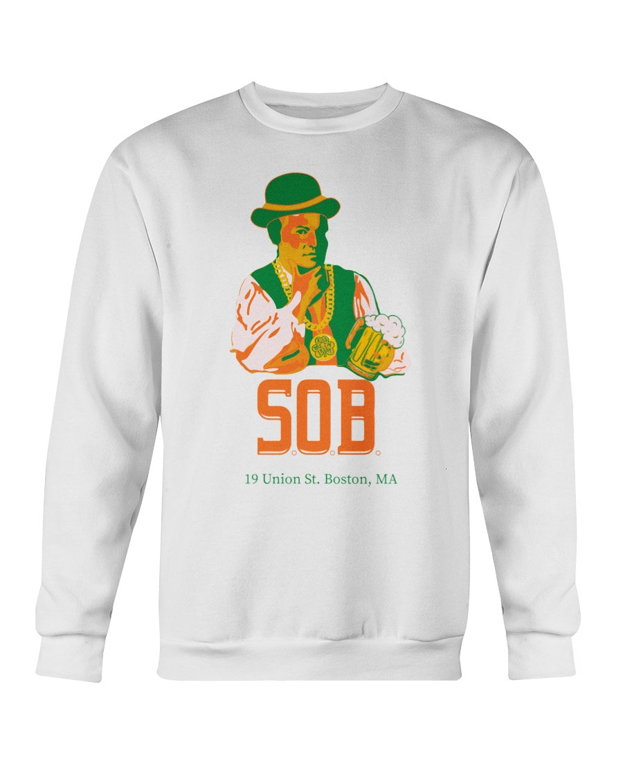 White crewneck sweatshirt featuring a graphic of Paul Revere with a beer and the text Sons of Boston.