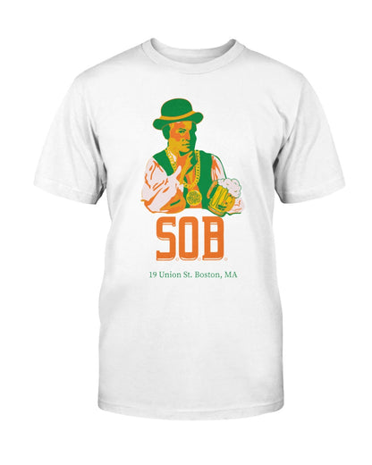 White cotton crew neck t-shirt featuring a Paul Revere graphic with a beer and St. Patrick's Day theme.