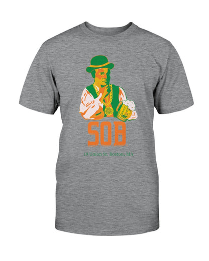 Grey crew neck t-shirt featuring a Paul Revere graphic with a beer, green hat, and Sons of Boston branding.