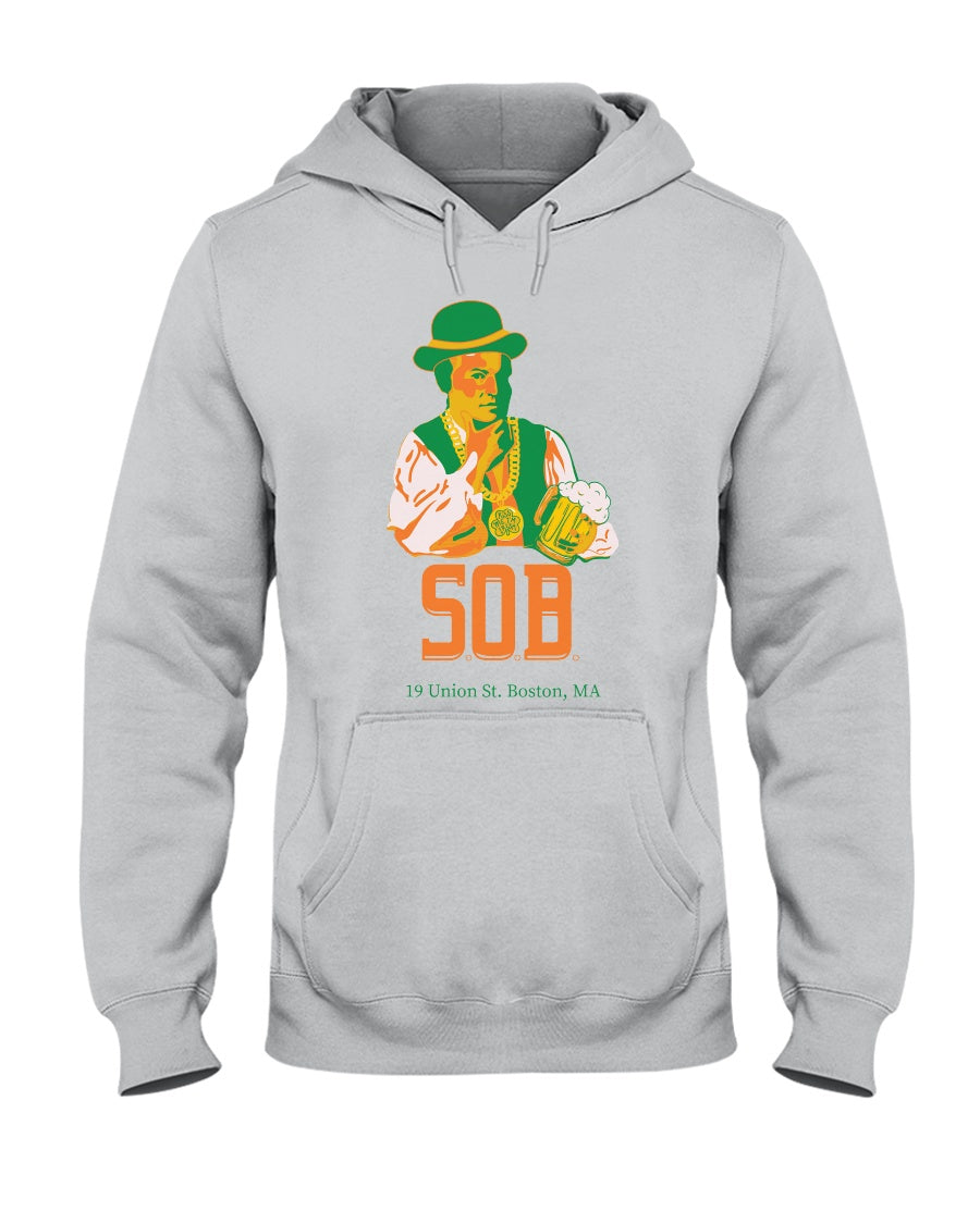 Light gray unisex hoodie featuring a Paul Revere graphic with a beer, green hat, and SOB logo for St. Patrick's Day.