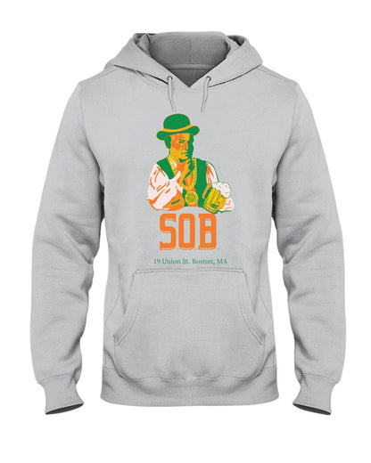 Light gray unisex hoodie featuring a Paul Revere graphic with a beer, green hat, and SOB logo for St. Patrick's Day.