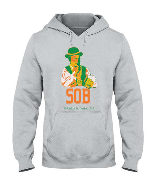 Light gray unisex hoodie featuring a Paul Revere graphic with a beer, green hat, and SOB logo for St. Patrick's Day.