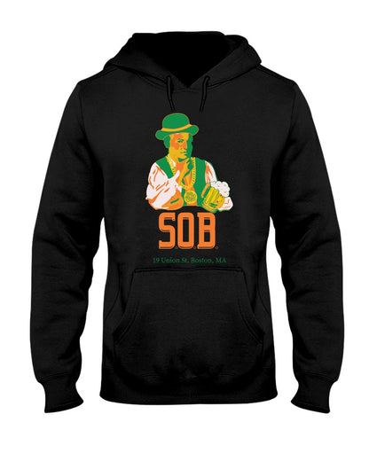 Black unisex hoodie featuring a Paul Revere graphic with a beer, green hat, and Sons of Boston branding.