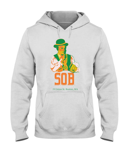 Light gray unisex hoodie featuring a Paul Revere graphic with a beer and St. Patrick's Day themed text.