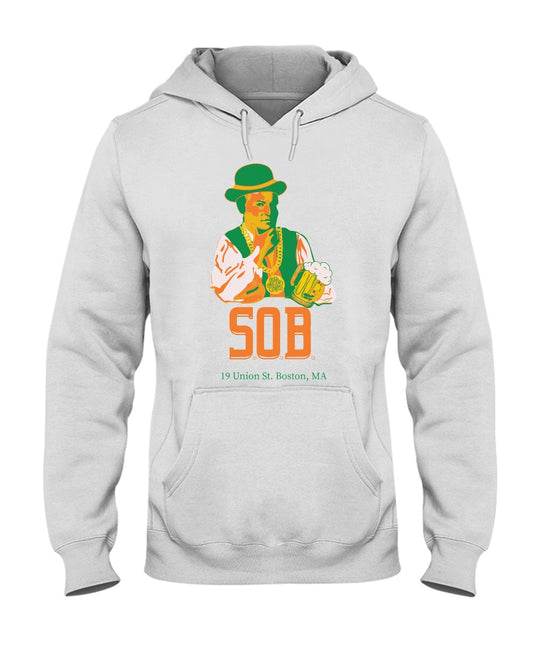 Light gray unisex hoodie featuring a Paul Revere graphic with a beer and St. Patrick's Day themed text.