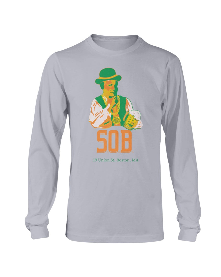 Grey long-sleeve cotton t-shirt featuring a graphic of Paul Revere in a green hat holding a beer with SOB text.