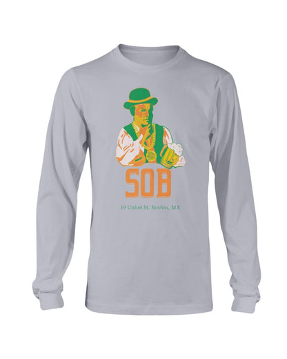 Grey long-sleeve cotton t-shirt featuring a graphic of Paul Revere in a green hat holding a beer with SOB text.