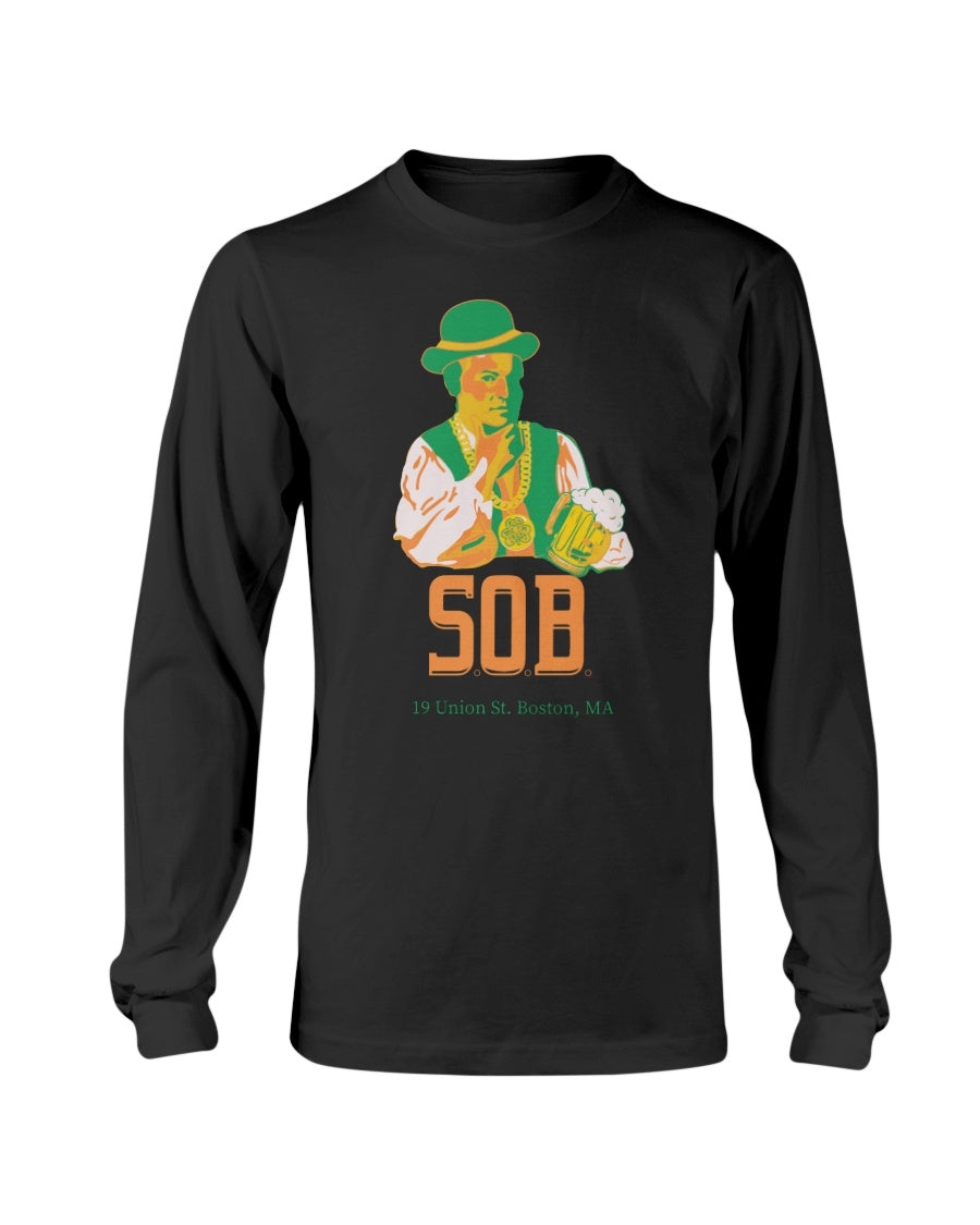 Black long-sleeve cotton t-shirt featuring a graphic of Paul Revere in a green hat holding a beer for St. Patrick's Day.
