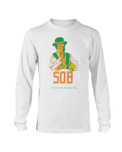 White long-sleeve cotton t-shirt featuring a graphic of Paul Revere in a green hat holding a beer for St. Patrick's Day.