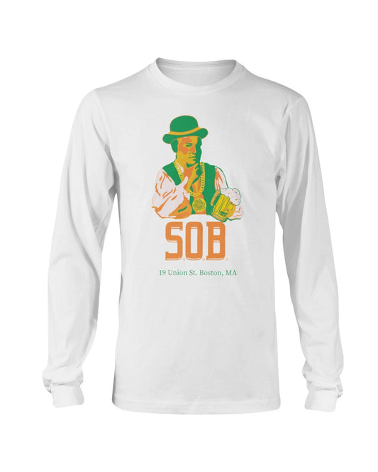 White long-sleeve cotton t-shirt featuring a graphic of Paul Revere in a green hat holding a beer for St. Patrick's Day.