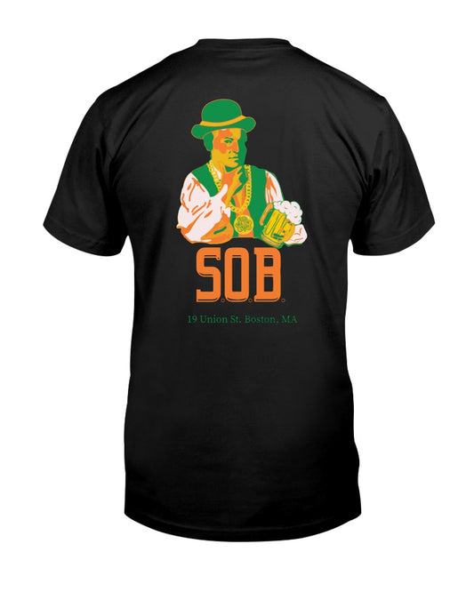 Black cotton crew neck t-shirt featuring a Paul Revere graphic with a beer and green hat on the back.