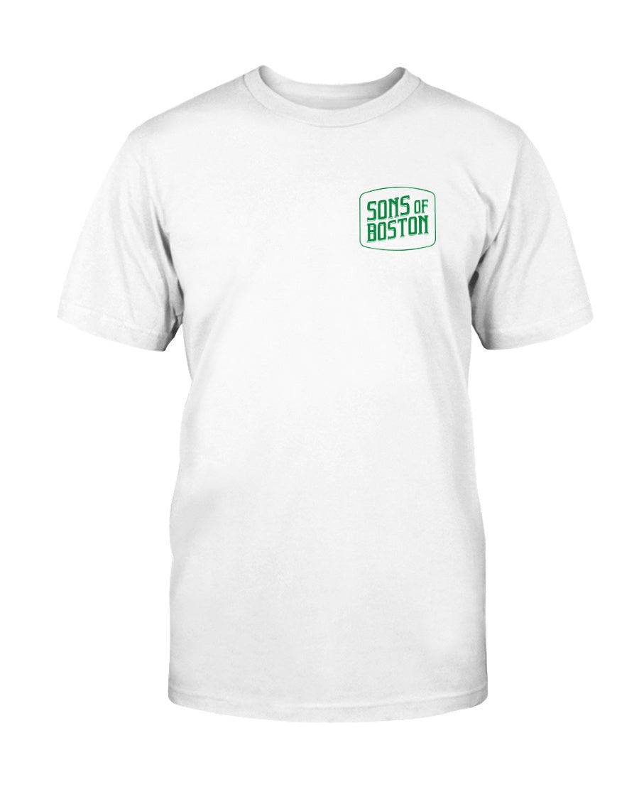 White fitted crew neck t-shirt with green Sons of Boston logo on the front left chest.