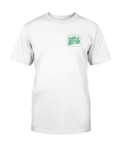 White fitted crew neck t-shirt with green Sons of Boston logo on the front left chest.