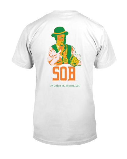 White cotton crew neck t-shirt featuring a St. Patrick's Day Paul Revere graphic with a beer on the back.