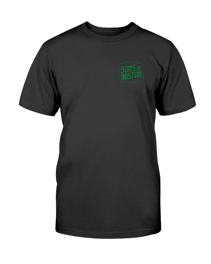 Black fitted crew neck t-shirt with green Sons of Boston logo on the front left chest.