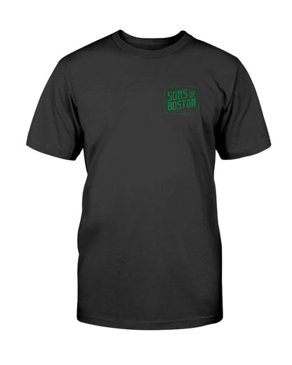 Black fitted crew neck t-shirt with green Sons of Boston logo on the front left chest.