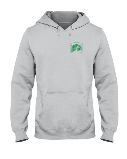 Light gray unisex hoodie with a green Sons of Boston logo on the chest, featuring a pouch pocket and drawstring hood.