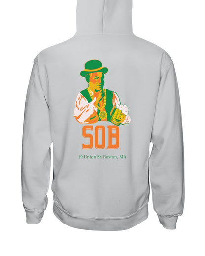 Grey unisex hoodie featuring a Paul Revere graphic with a beer and St. Patrick's Day design on the back.