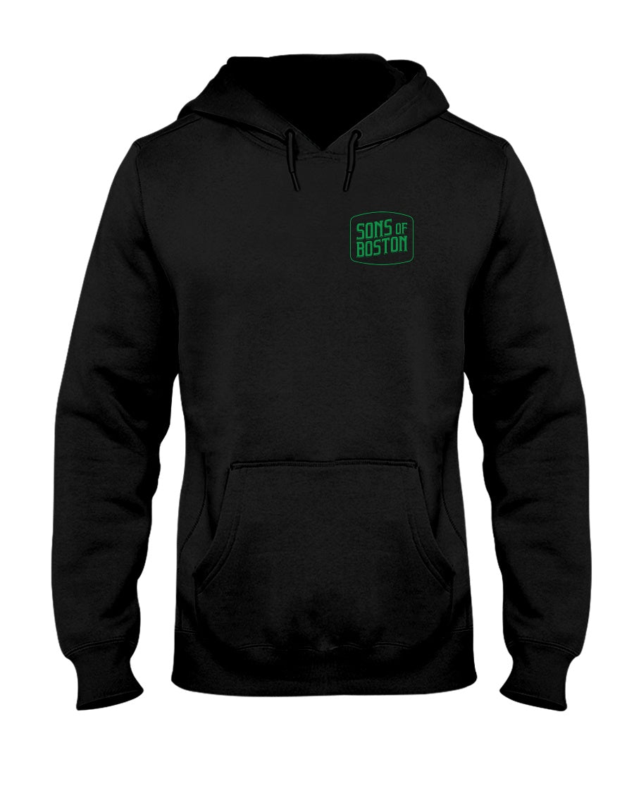 Black unisex hoodie featuring a green Sons of Boston logo on the chest and a pouch pocket.
