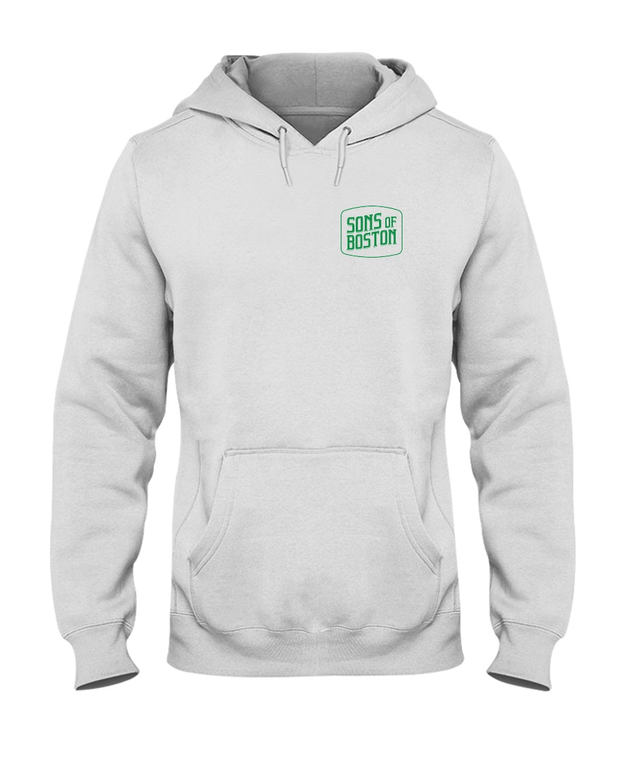 Light grey unisex hoodie with a green Sons of Boston logo on the chest, featuring a drawstring hood and front pocket.