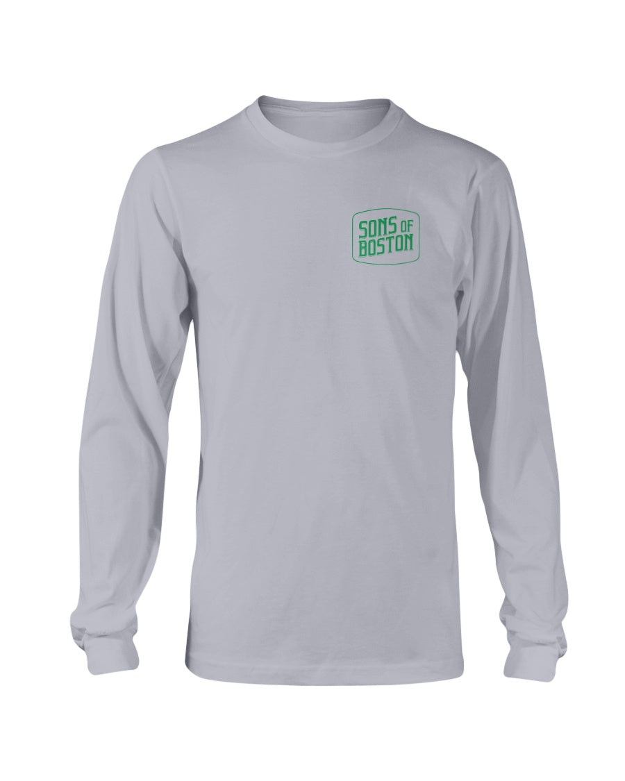 Grey long sleeve cotton t-shirt featuring a green Sons of Boston logo on the front left chest.