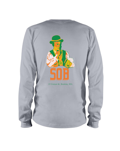 Grey long-sleeve cotton t-shirt featuring a Paul Revere graphic with a beer and St. Patrick's Day theme on the back.