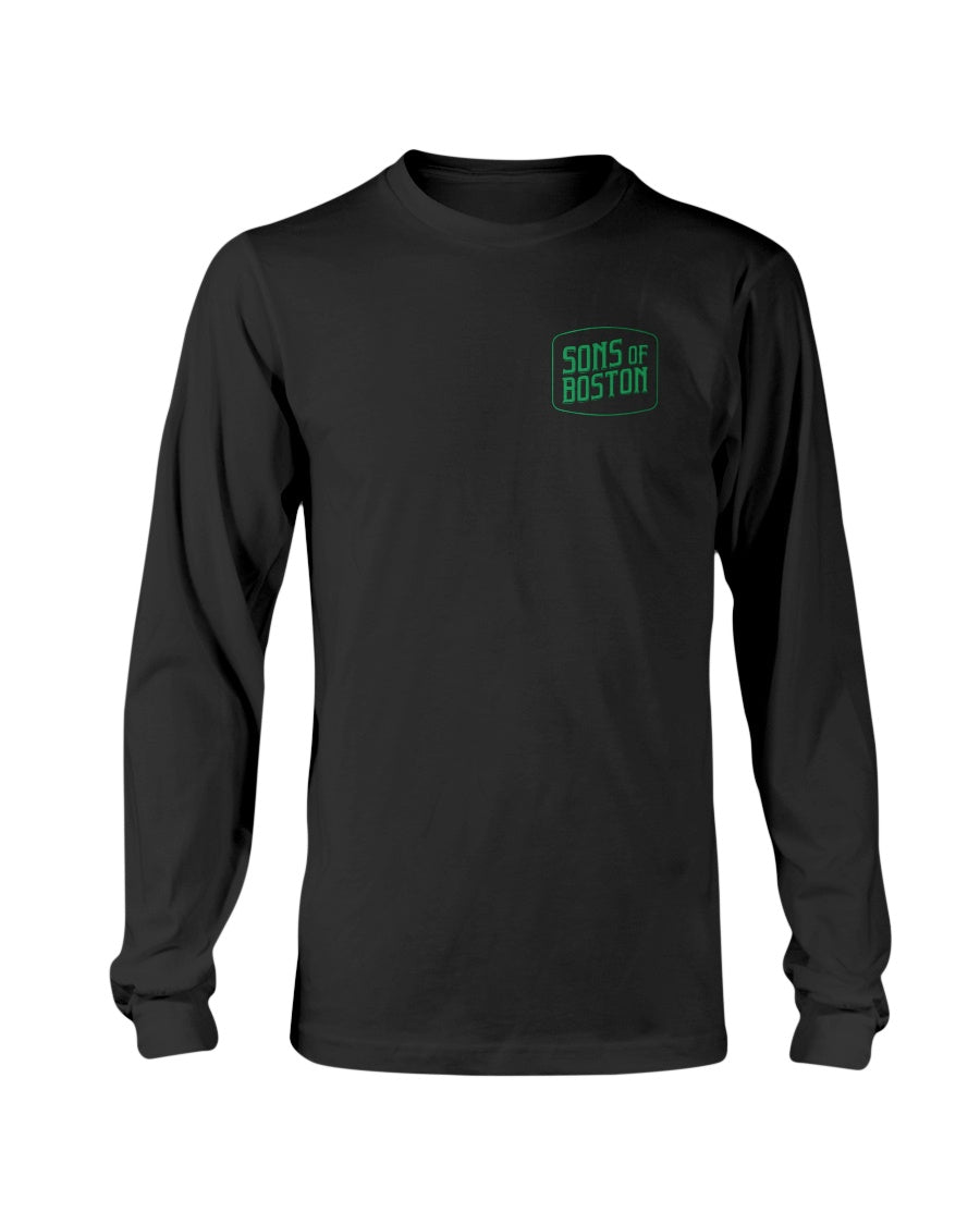 Black long-sleeve cotton t-shirt with green Sons of Boston chest logo and ribbed cuffs.