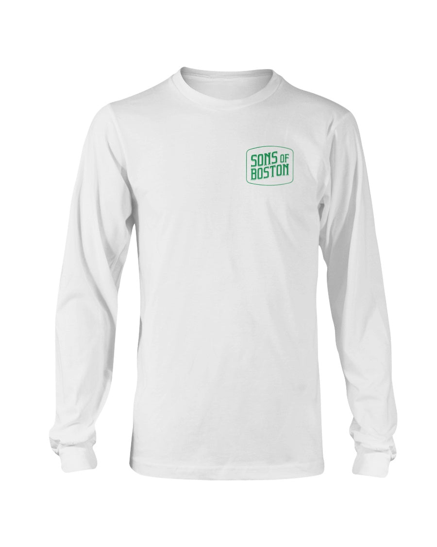 White long-sleeve cotton t-shirt featuring a green Sons of Boston logo on the front left chest.