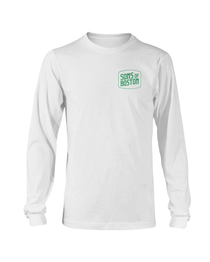 White long-sleeve cotton t-shirt featuring a green Sons of Boston logo on the front left chest.