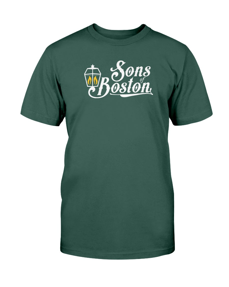 Dark green cotton crewneck tee featuring a white Sons of Boston lantern graphic with yellow flame details.