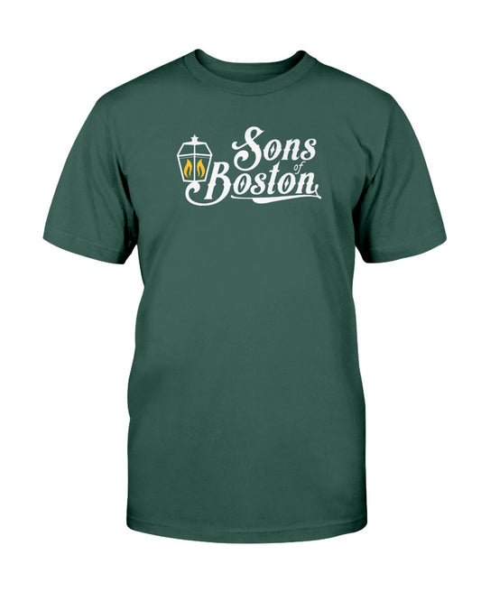 Dark green cotton crewneck tee featuring a white Sons of Boston lantern graphic with yellow flame details.